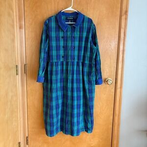 J.G. Hook Plaid Flannel Dress Womens 22W Blue Teal Corduroy Trim Double Breasted